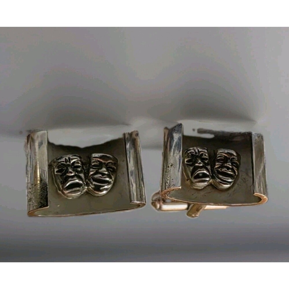 Men's Silver Tone Rectangle Theatre Masks Bullet Back Cufflinks